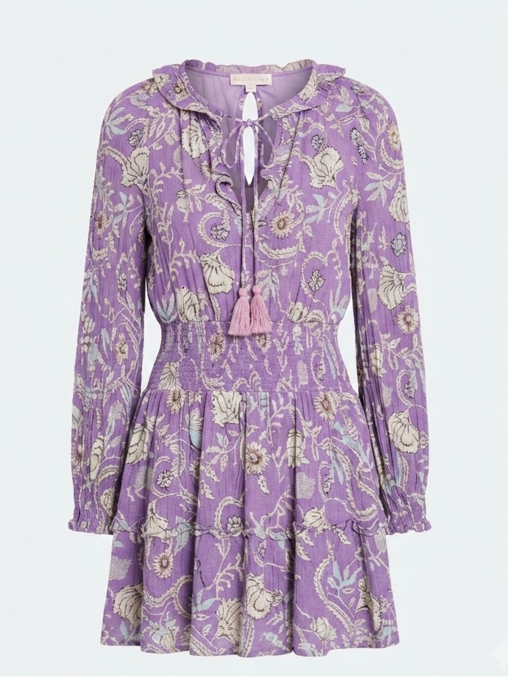 House of Harlow 1960 Purple Paisley Ruffled Boho Mini Dress Tassel Smocked - Picture 9 of 9